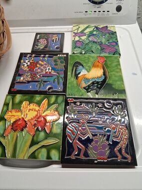 Hand-Painted Ceramic Art Tiles - Green Multi-Color Set